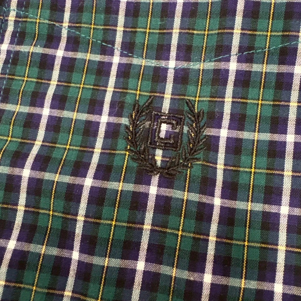 Chaps Mens Large Green Navy Blue Plaid Easy Care Button Down Shirt Long Sleeve
